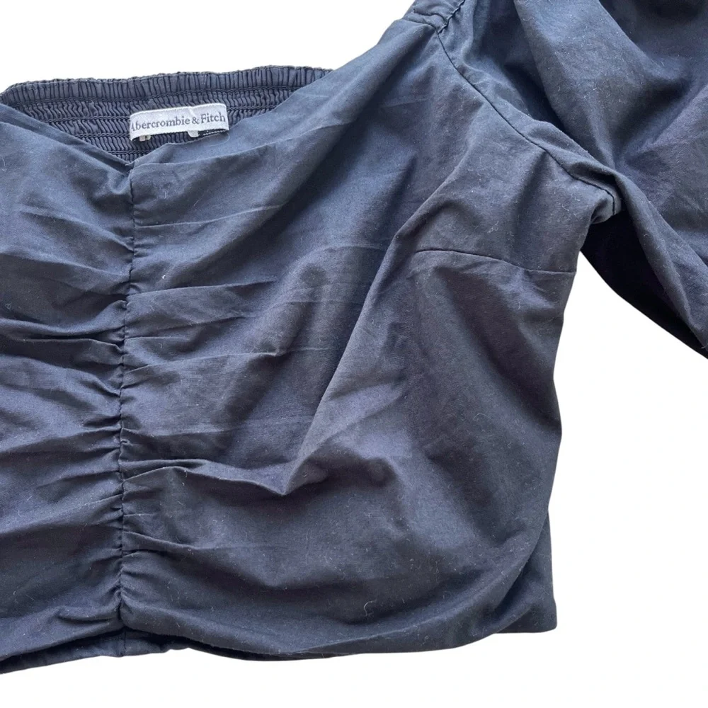 Abercrombie & Fitch Womens M Black Short Puff Sleeves Smocked Ruched Cropped Top
